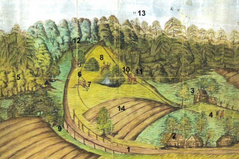 Zeichnung des markgräflichen Malers von 1666, 1: Weg nach Helmbrechts, 5: Standort des Schützen, 7: Standort des Hirschs, 8: Fundort des Hirschs