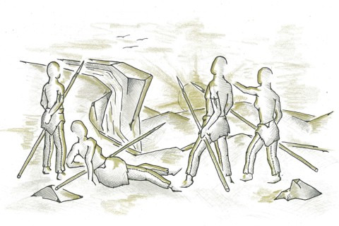 Gemischte Gruppe von jagenden Menschen (Zeichnung von Andreas Fischer, IN TERRA VERITAS Bamberg)