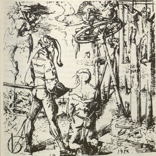 Am Galgen sind bereits verwesende Delinquenten zu erkennen. Federzeichnung Urs Graf (~1485-1528).
(Ch. Anderson, Dirnen – Krieger Narren. Ausgewählte Zeichnungen von Urs Graf (Basel 1978), Nr. 32.)