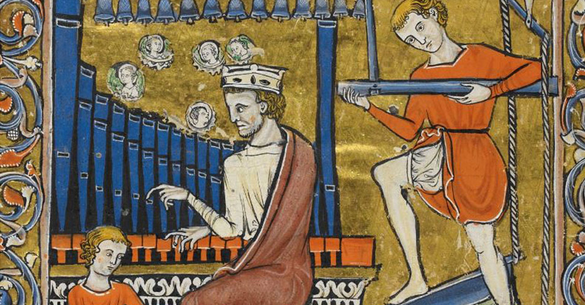 Rutland Psalter: König David spielt auf einer mit zwei Blasebälgen betriebenen Orgel, begleitet durch einen Drehleierspieler, England um 1260. (Quelle: British Library, www.bl.uk/manuscripts, f97v)