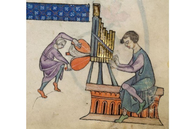 Lutrell Psalter: kleine Orgel mit einem Blasebalg betrieben. England, 1325-1335. (Quelle: British Library, www.bl.uk/manuscripts, f55r)