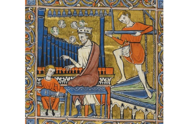 Rutland Psalter: König David spielt auf einer mit zwei Blasebälgen betriebenen Orgel, begleitet durch einen Drehleierspieler, England um 1260. (Quelle: British Library, www.bl.uk/manuscripts, f97v)