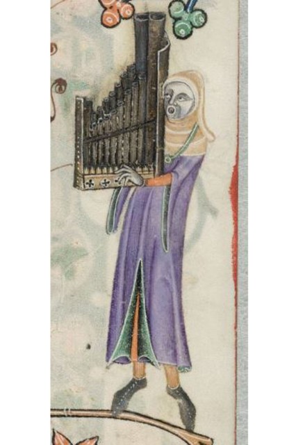 Lutrell Psalter: Handbetriebene Ein-Mann-Orgel, England 1325-1335. (Quelle: British Library, www.bl.uk/manuscripts, 176r)