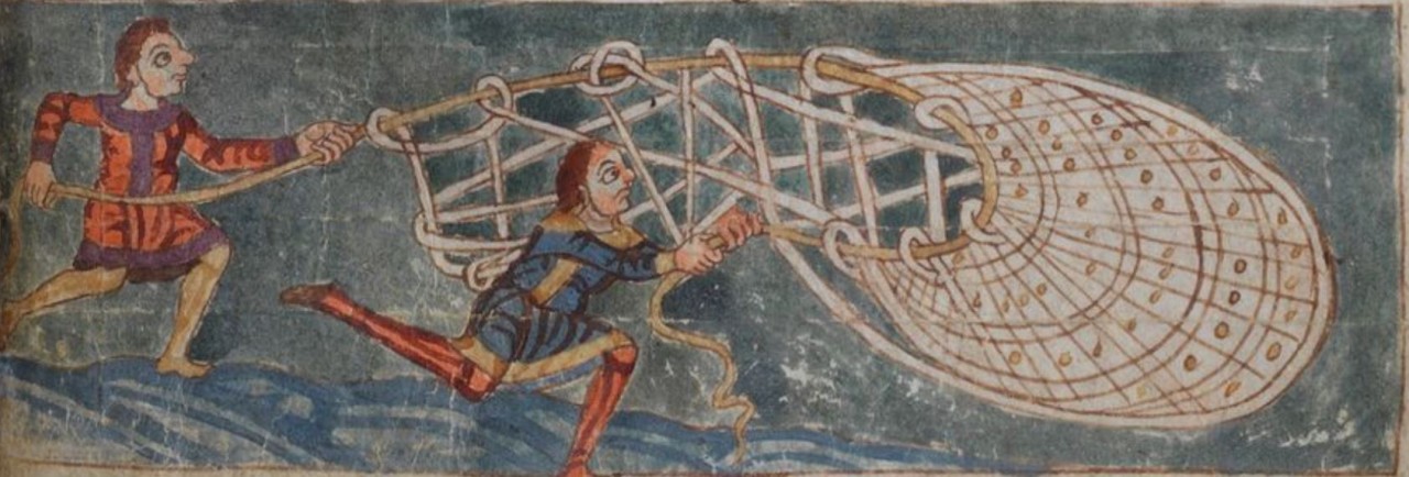 Zwei Männer beim Fischen mit dem Netz (Abbildung aus dem Stuttgarter Psalter, 1. Hälfte 9. Jahrhundert (Quelle: Württembergische Landesbibliothek Stuttgart online, 156r)