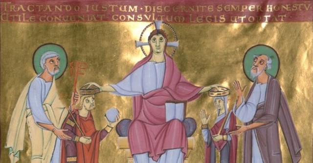 Krönung von Heinrich II und Kunigunde durch Jesus, Perikopenbuch Heinrich II entstanden zwischen 1007 und 1012 (Quelle: Weinfurter, Abb. 10)