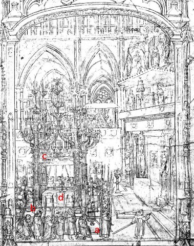 Aufbahrungsschrein für Abt Islip (+1532), a: äußere Schranken, b: Innere Schranken, c: Aufbau, d: Sarg (Burden, S. 97, Abb. 4.6)