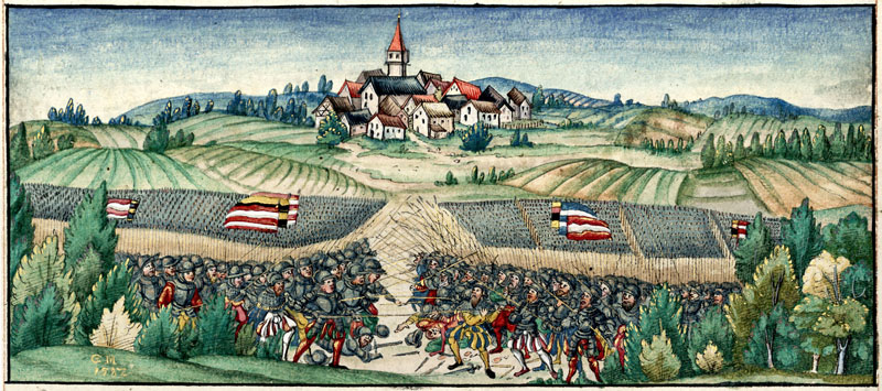 Darstellung der Schlacht von Bergtheim aus der Chronik der Bischöfe von Würzburg von Lorenz Fried, 1489-1550 