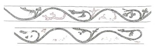Umzeichnung des Musters an den Deckenbalken der Stube in Bad Windsheim, Pfarrgasse von 1355 (Bedal 2010, Abb. 75)