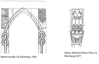 Türstock mit Spitzbogen und einfachem Knotenmuster, rechts oben die Inschrift: Anno Domini 1456. Rechts: mit Maßwerk beschnitzte Konsole einer Säule aus Nürnberg, Jahreszahl 1477 (Bedal 2006, S. 27)
