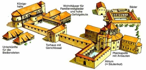 Die Rekonstruktion der Aachener Pfalz;
https://commons.wikimedia.org/wiki/File:Aachener_Pfalz.jpg; Gerhard Curdes; Lizenz: https://commons.wikimedia.org/wiki/Commons:GNU_Free_Documentation_License,_version_1.2