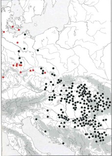 Ausbreitung der Äxte vom Typ Jászladány (schwarz) und Flachbeile vom Typ Kaka (rot) (Strahm, 2010, S. 185)