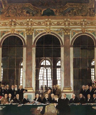 Der Spiegelsaal von Versailles (The Signing of Peace in the Hall of Mirrors, Versailles, 28th June 1919, William Orpen; gemeinfrei)