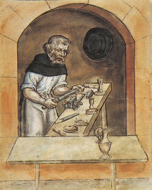 Sebald Amman, Meister, aufgenommen 1544. Auf dem Tisch sind einige Werkzeuge zu sehen, darunter der erste abgebildete Schraubstock; Stadtbibliothek, Nürnberg (Landauer Hausbuch)  (Quelle: Baumgärtel 1983,  S. 39, Abb. 7)