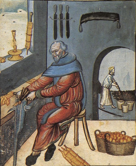 Hans Zeuller, aufgenommen 30.10.1565. Im Hintergrund ist der Meister mit dem Gießlöffel oder Feuerzange dargestellt, der vor drei Schmelztiegeln steht; Stadtbibliothek, Nürnberg (Quelle:  Baumgärtel 1983,  S. 39, Abb. 8)
