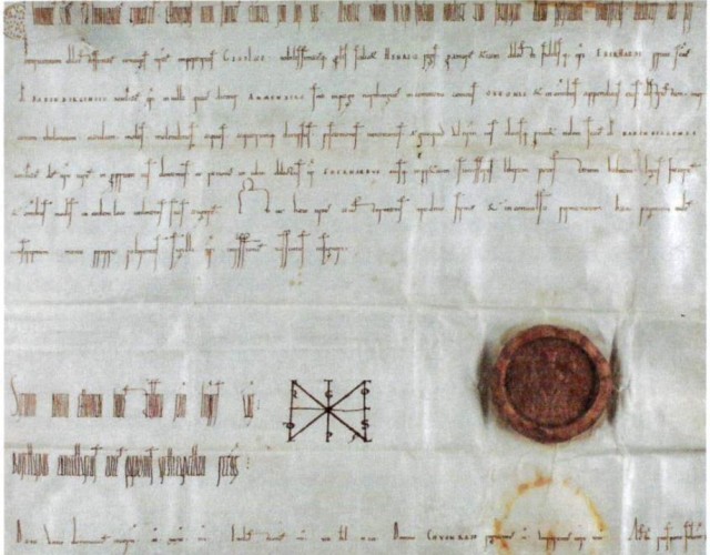 Älteste Erwähnung Ambergs in einer Urkunde Kaiser Konrads II. an den Bamberger Bischof Eberhard I. aus dem Jahr 1034 (Hensch 2018, S. 47, Abb. 36).