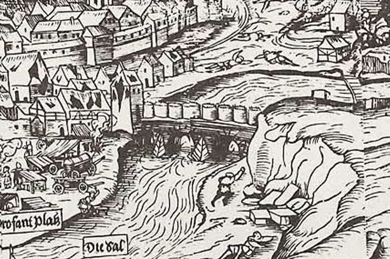 Detail des Holzschnittes von Hans Glaser, 1553. Untere Steinerne Brücke mit Schuldnerturm.
