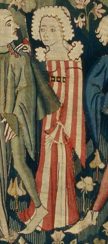 Junge Dame mit Kruselerhaube auf einem Wandteppich der Zeit um 1400, Allegorie auf die Minne
Quelle: Germanisches Nationalmuseum Nürnberg