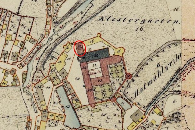 Grundriss des Klosters Michelfeld, roter Kreis: ehem. Getreidespeicher