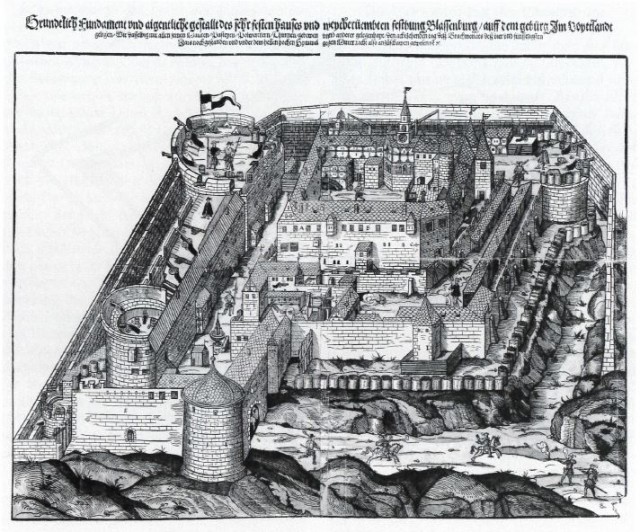 Holzschnitt der Plassenburg von David de Neckers vor ihrer Zerstörung 1554