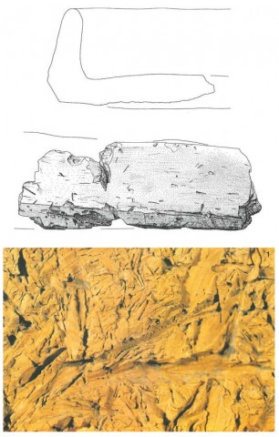 Profil (oben), Ansicht (mitte) und Detailfoto (unten) eines Lehmwannenfragments der Wüstung Dobrotin in der Gemeinde Serkendorf, Lkr. Lichtenfels, Oberfranken