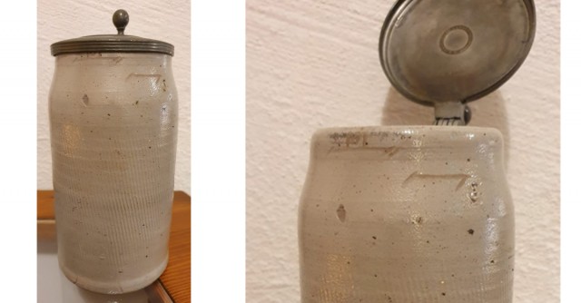 Bamberger Maßkrug mit dem 1,069 Liter Eichstrich und dem Reichseichstrich von 1,0 Liter ab 1872. (Exponat aus dem Fränkischen Brauereimuseum, Bamberg)