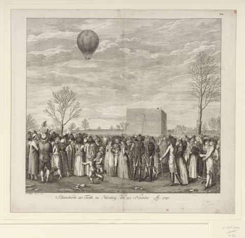 Kupferstich von Abraham Wolfgang Küfner vom Start des Ballons