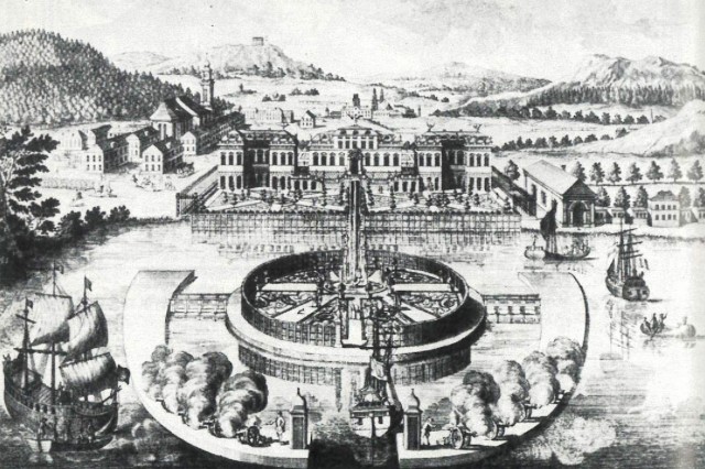 View of the castle complex from the north, 1712. Neptunus at the bottom left.
